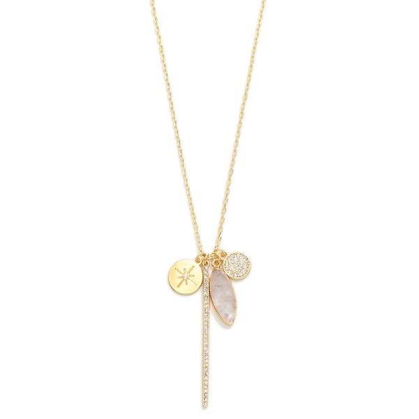 Chain Link Necklace Featuring Rhinestone Bar, Stone & Circle Pendants 

- Approximately 18" L
- Extender 3" L
