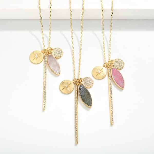 Chain Link Necklace Featuring Rhinestone Bar, Stone & Circle Pendants 

- Approximately 18" L
- Extender 3" L
