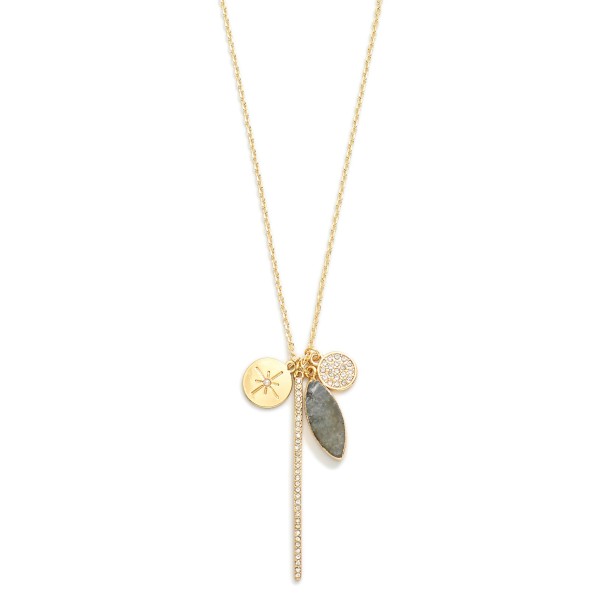 Chain Link Necklace Featuring Rhinestone Bar, Stone & Circle Pendants 

- Approximately 18" L
- Extender 3" L