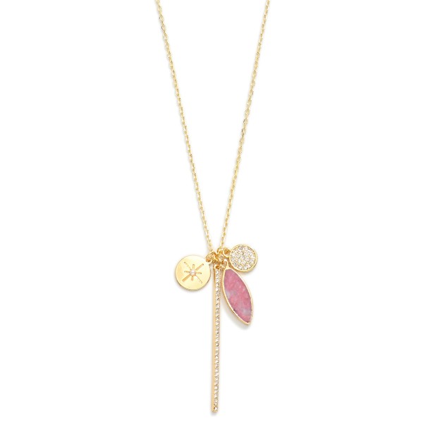 Chain Link Necklace Featuring Rhinestone Bar, Stone & Circle Pendants 

- Approximately 18" L
- Extender 3" L