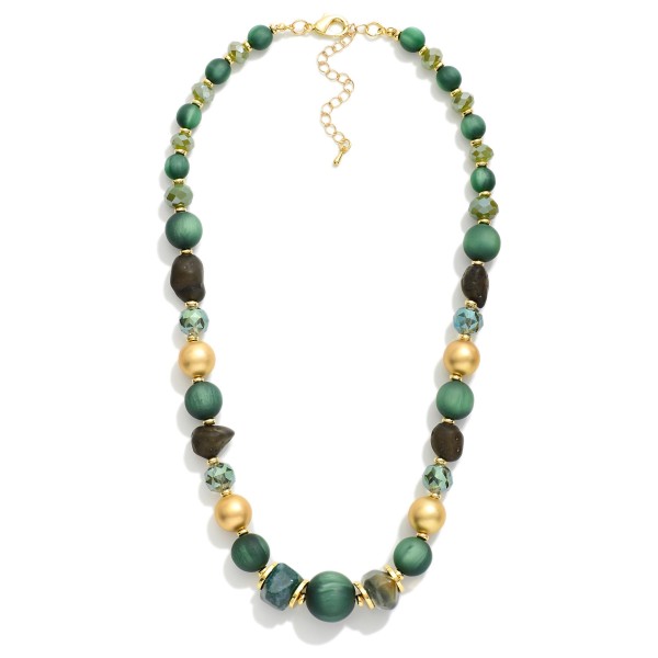 Beaded Necklace Featuring Stones, Metal Tones, & Faceted Beads 

- Approximately 16" L
- Extender 3" L