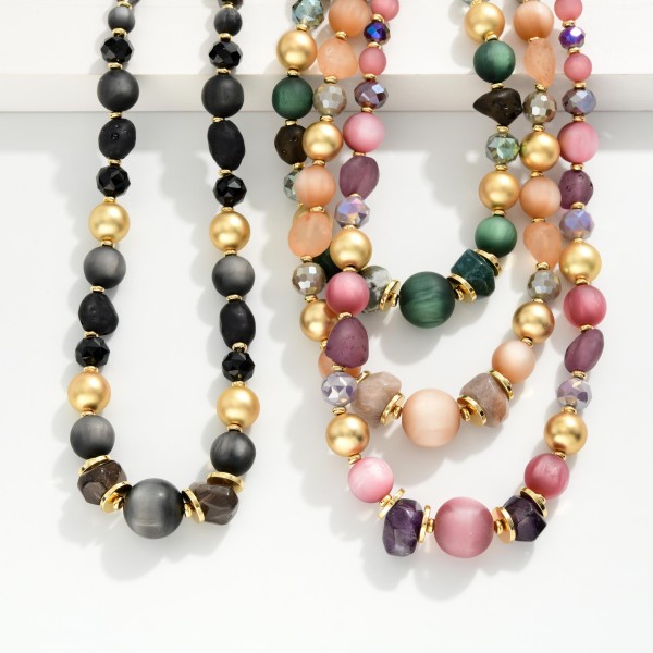 Beaded Necklace Featuring Stones, Metal Tones, & Faceted Beads 

- Approximately 16" L
- Extender 3" L