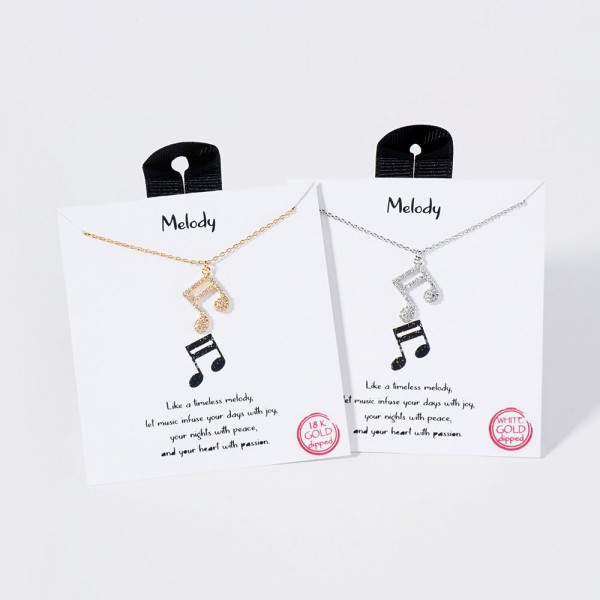 Dainty Chain Link Necklace Featuring Cubic Zirconia Music Note Symbol Pendant

- Approximately 16" L
- Extender 2" L
- Hypoallergenic Brass Base
- 18K Gold or White Gold Dipped
- Made in Korea
-Card: "Like a timeless melody, let music infuse your day with joy, your nights with peace, and your heart with passion."

