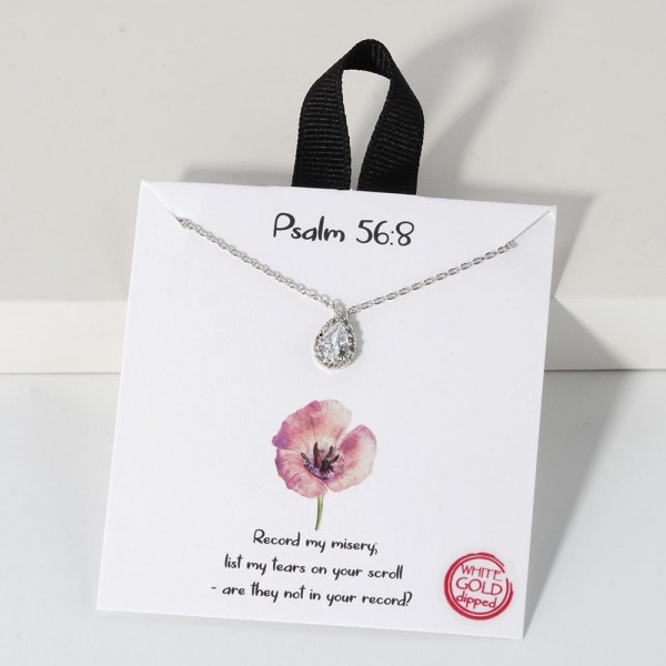 Dainty Chain Link Necklace Featuring Cubic Zirconia Teardrop Pendant 			
					
- Approximately 16" L					
- Extender 2" L					
- Hypoallergenic Brass Base					
- 18K Gold Dipped					
- Card: "Record my misery; list my tears on your scroll- are they not in your record?"			