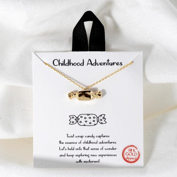 Dainty Chain Link Necklace Featuring Metal Tone Candy Pendant			
					
- Approximately 16" L					
- Extender 2" L					
- Hypoallergenic Brass Base					
- 18K Gold Dipped					
- Card: "Twist wrap candy captures the essence of childhood adventures. Let's hold onto the sense of wonder and keep exploring new experiences with excitement."					