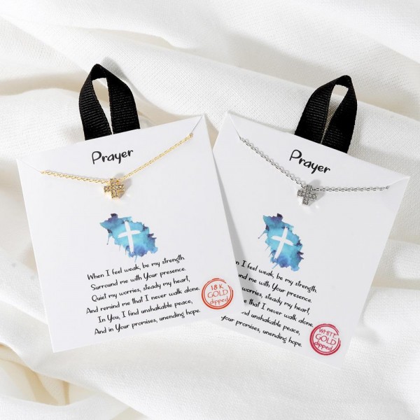 Dainty Chain Link Necklace Featuring Cubic Zirconia Plus Cross Pendant 			
					
- Approximately 16" L					
- Extender 2" L					
- Hypoallergenic Brass Base					
- 18K Gold Dipped					
- Card: "When I feel weak, be my strength. Surround me with Your presence. Quiet my worries, steady my heart, And remind me that I never walk alone. In You, I find unshakable peace, And in your promises, unending hope."					