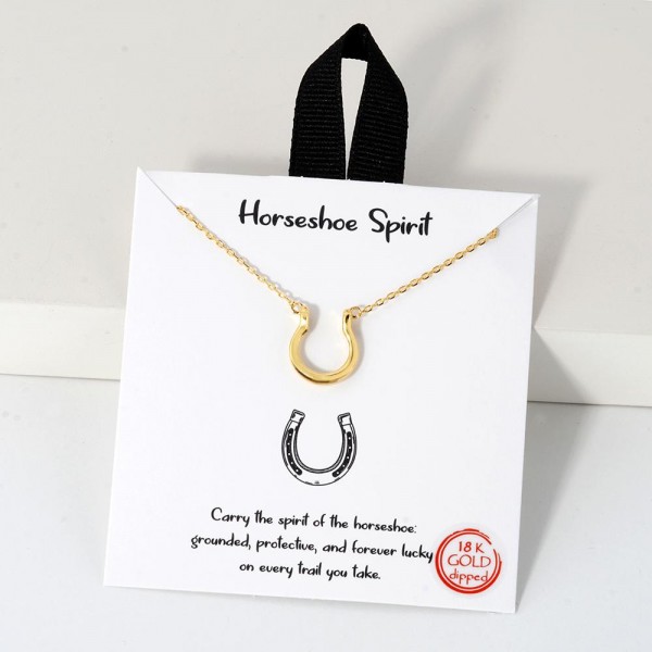Dainty Chain Link Necklace Featuring Metal Tone Horseshoe Pedant 				
					
- Approximately 16" L					
- Extender 2" L					
- Hypoallergenic Brass Base					
- 18K Gold Dipped					
- Card: "Carry the spirit of the horseshoe: grounded, protective, and forever lucky on every trail you take."	