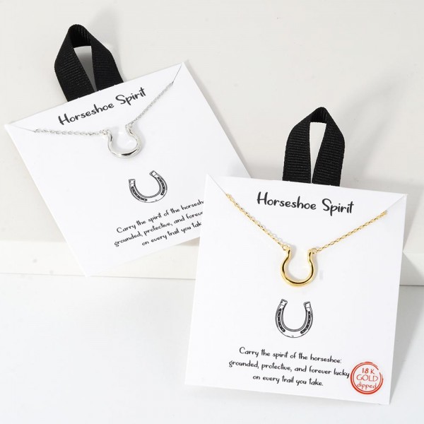 Dainty Chain Link Necklace Featuring Metal Tone Horseshoe Pedant 				
					
- Approximately 16" L					
- Extender 2" L					
- Hypoallergenic Brass Base					
- 18K Gold Dipped					
- Card: "Carry the spirit of the horseshoe: grounded, protective, and forever lucky on every trail you take."	