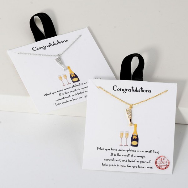 Dainty Chain Link Necklace Featuring Cubic Zirconia Champagne Bottle Pendant 

- Approximately 16" L					
- Extender 2" L					
- Hypoallergenic Brass Base					
- 18K Gold Dipped					
- Card: "What you have accomplished is no small thing. It is the result of courage, commitment, and belief in yourself. Take pride in how far you have come."					








					
					
				