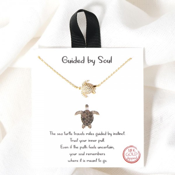 Dainty Chain Link Necklace Featuring Cubic Zirconia Sea Turtle Pendant

- Approximately 16" L
- Extender 2" L
- Hypoallergenic Brass Base
- 18K Gold or White Gold Dipped
- Made in Korea
-Card: " The sea turtle travels miles guided by instinct. Trust Your inner pull. Even if path feels uncertain, your soul remembers where it is meant to go."


