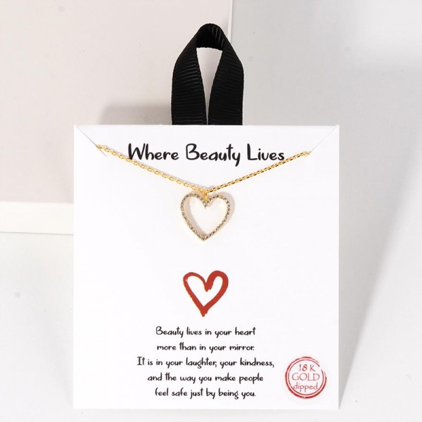 Dainty Chain Link Necklace Featuring Cubic Zirconia Heart Pendant

- Approximately 16" L
- Extender 2" L
- Hypoallergenic Brass Base
- 18K Gold or White Gold Dipped
- Made in Korea
-Card: " Beauty lives in your heart more than in your mirror. It is in your laughter, your kindness, and the way you make people feel safe just by being you."