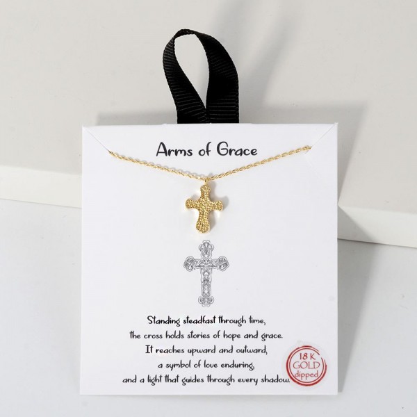 Dainty Chain Link Necklace Featuring Textured Metal Cross Pendant 				
					
- Approximately 16" L					
- Extender 2" L					
- Hypoallergenic Brass Base					
- 18K Gold Dipped					
- Card: "Standing steadfast through time, the cross holds stories of hope ands grace. It reaches upward and outward, a symbol of love enduring, and a light that guides through every shadow."					