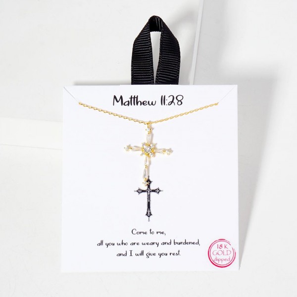 Dainty Chain Link Necklace Featuring Cubic Zirconia Cross Pendant 					
					
- Approximately 16" L					
- Extender 2" L					
- Hypoallergenic Brass Base					
- 18K Gold Dipped					
- Card: "Come to me, all you who are weary and burdened, and I will give you rest. "					