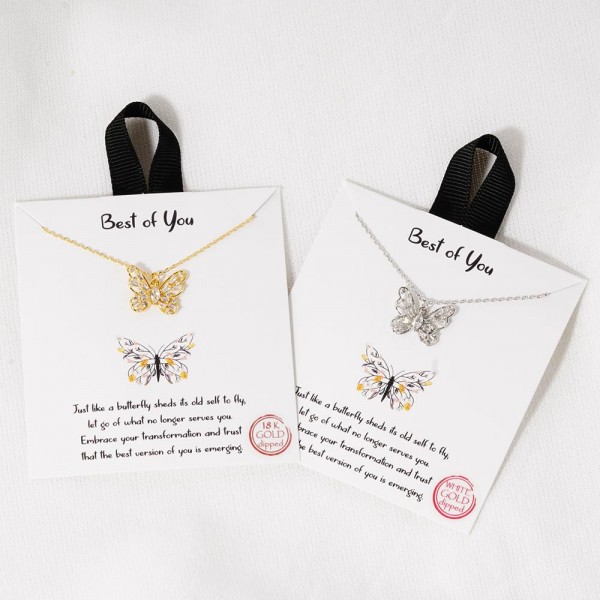 Dainty Chain Link Necklace Featuring Cubic Zirconia Butterfly Pendant

- Approximately 16" L
- Extender 2" L
- Hypoallergenic Brass Base
- 18K Gold or White Gold Dipped
- Made in Korea
-Card: "Just like a butterfly sheds its old self to fly, let go of what is no longer serves you. Embrace your transformation and trust that the best version of you is emerging."