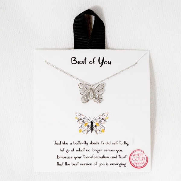Dainty Chain Link Necklace Featuring Cubic Zirconia Butterfly Pendant

- Approximately 16" L
- Extender 2" L
- Hypoallergenic Brass Base
- 18K Gold or White Gold Dipped
- Made in Korea
-Card: "Just like a butterfly sheds its old self to fly, let go of what is no longer serves you. Embrace your transformation and trust that the best version of you is emerging."