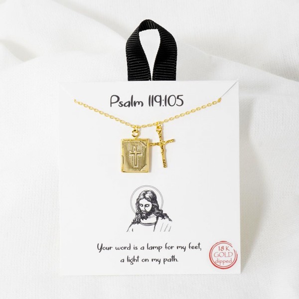 Dainty Chain Link Necklace Featuring Cross And Bible Pendant 

- Approximately 16" L
- Extender 2" L
- Hypoallergenic Brass Base
- 18K Gold Dipped
- Card: " Your word is a lamp for my feet, a light on my path" 