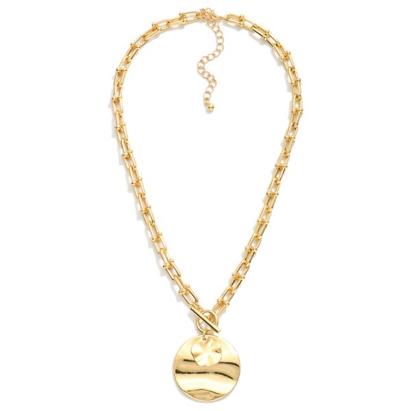 U Link Chain Link Necklace Featuring Hammered Metal Circle Pendants & Toggle Clasp 
- Approximately 14" L
- Extender 3" L