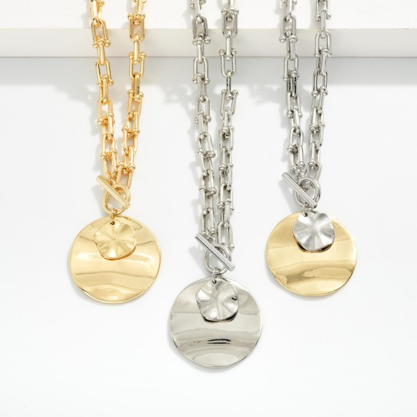 U Link Chain Link Necklace Featuring Hammered Metal Circle Pendants & Toggle Clasp 

- Approximately 14" L
- Extender 3" L