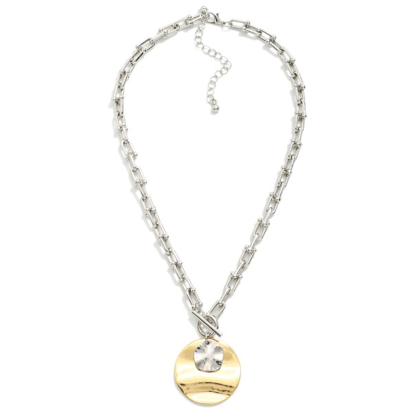 U Link Chain Link Necklace Featuring Hammered Metal Circle Pendants & Toggle Clasp 

- Approximately 14" L
- Extender 3" L