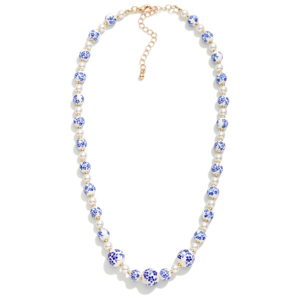 Beaded Necklace Featuring Porcelain Chinoiserie Flower Beads, Pearls, And Gold Tone Beads 

- Approximately 16" L 


