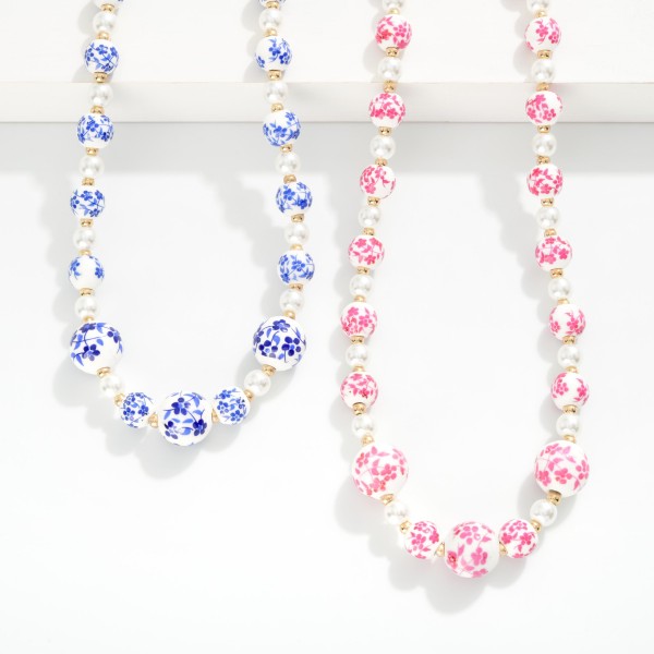 Beaded Necklace Featuring Porcelain Chinoiserie Flower Beads, Pearls, And Gold Tone Beads 

- Approximately 16" L 

