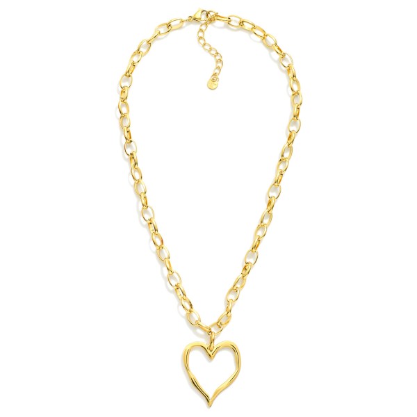 Chain Link Necklace Featuring Metal Tone Hollow Heart Pendant 

- Stainless Steel
- Water Resistant
- Approximately 16" L
- Extender 2" L