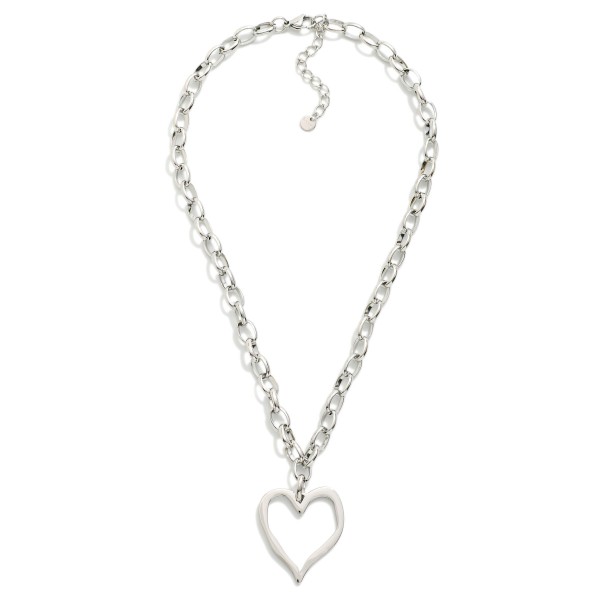 Chain Link Necklace Featuring Metal Tone Hollow Heart Pendant 

- Stainless Steel
- Water Resistant
- Approximately 16" L
- Extender 2" L