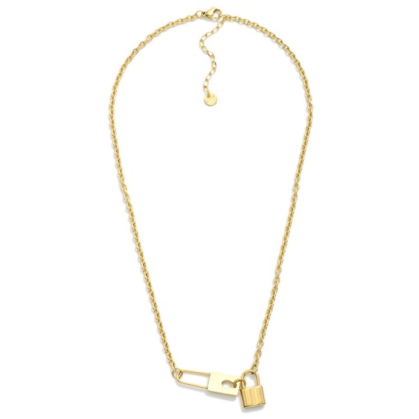 Chain Link Necklace Featuring Metal Tone Lock Pendant 

- Stainless Steel
- Water Resistant
- Approximately 16" L
- Extender 2" L