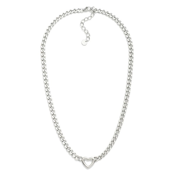 Curb Chain Necklace Featuring Hollow Metal Heart Pendant 

- Stainless Steel
- Water Resistant
- Approximately 16" L
- Extender 2" L