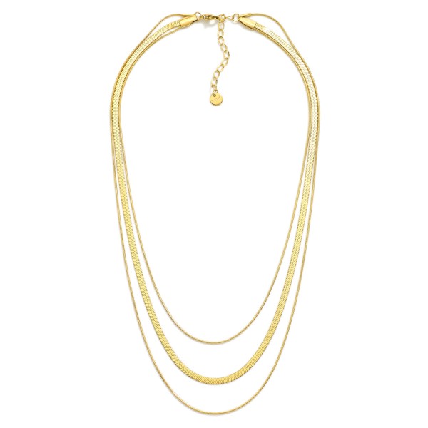 Layered Chain Link Necklace Featuring Snake & Herringbone Chains 

- Stainless Steel
- Water Resistant
- Approximately 16" L
- Extender 2" L