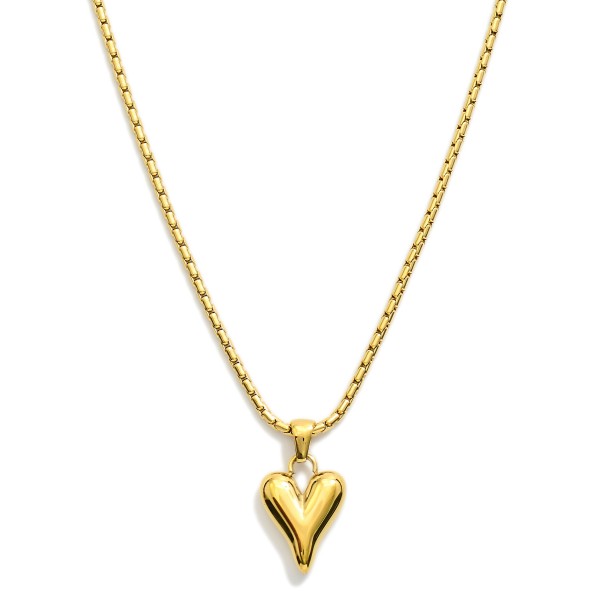 Box Chain Necklace Featuring Metal Tone Puffy Heart Pendant

- Stainless Steel
- Water Resistant
- Approximately 16" L
- Extender 2" L