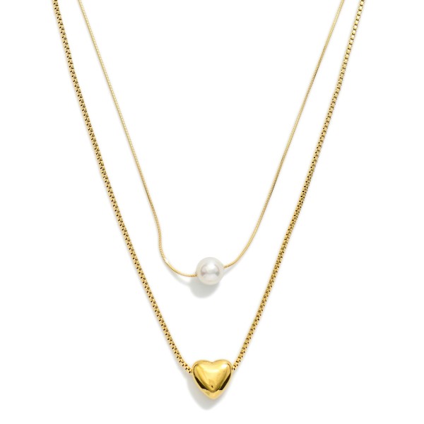 Wholesale layered Chain Link Necklace Metal Puffy Heart Pearl Pendants Stainless