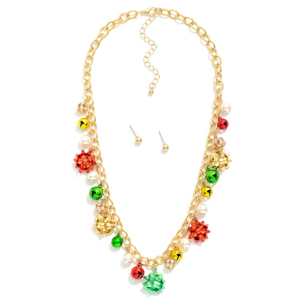 Chain Link Necklace Featuring Jingle Bells & Metallic Christmas Present Bows

- Metal Tone Ball Stud Earrings 
- Approximately 16" L
- Extender 2" L

