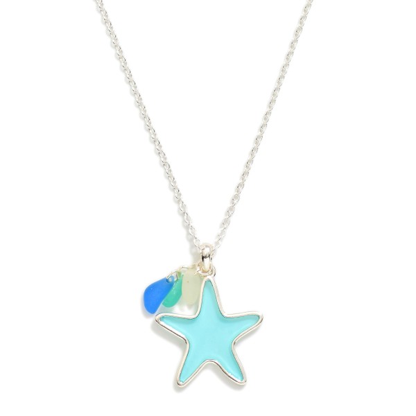 Chain Link Necklace Featuring Acetate Starfish Pendant & Stone Beads 

- Approximately 18" L
- Extender 3" L