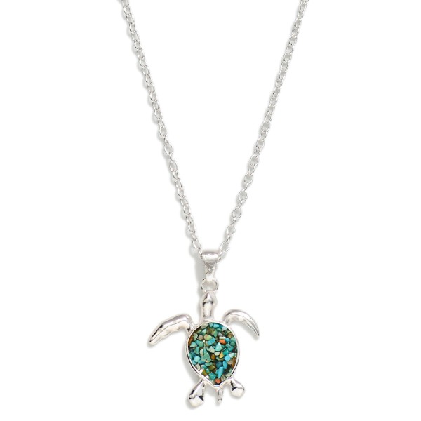 Chain Link Necklace Featuring Metal Tone & Stone Sea Turtle Pendant 

- Approximately 16" L
- Extender 3" L