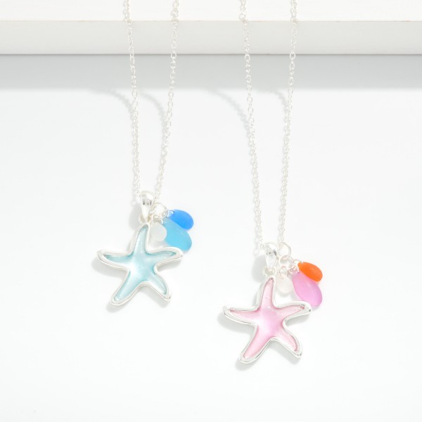 Chain Link Necklace Featuring Acetate Starfish & Stone Pendants 

- Approximately 18" L
- Extender 2" L

