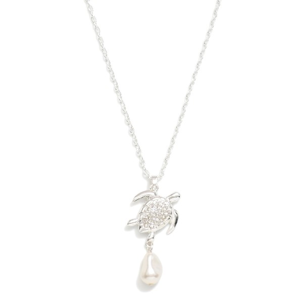 Chain Link Necklace Featuring Cubic Zirconia Sea Turtle Pendant With Pearl Dangle Charm 

- Approximately 18" L 
- Extender 3" L
