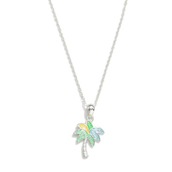 Chain Link Necklace Featuring Acetate & Metal Palm Tree Pendant 

- Approximately 18" L
- Extender 2" L
