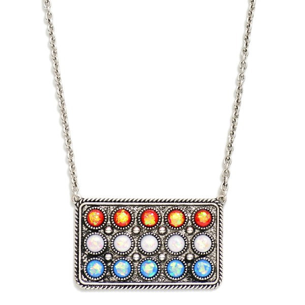 Chain Link Necklace Featuring Glitter Stone Studded Rectangle Pendant 

- Approximately 18" L
- Extender 2" L
