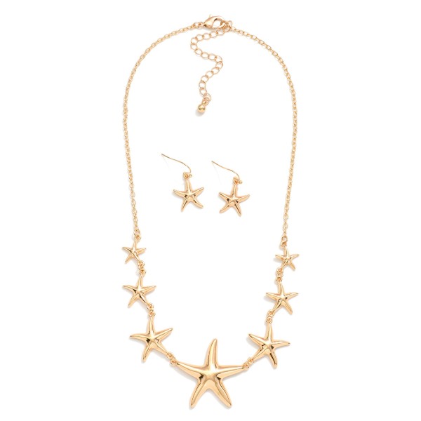 Chain Link Necklace Featuring Linked Metal Tone Starfish Stations 

- Starfish Drop Earrings Included 1" L
- Necklace Approximately 18" L