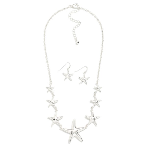 Chain Link Necklace Featuring Linked Metal Tone Starfish Stations 

- Starfish Drop Earrings Included 1" L
- Necklace Approximately 18" L