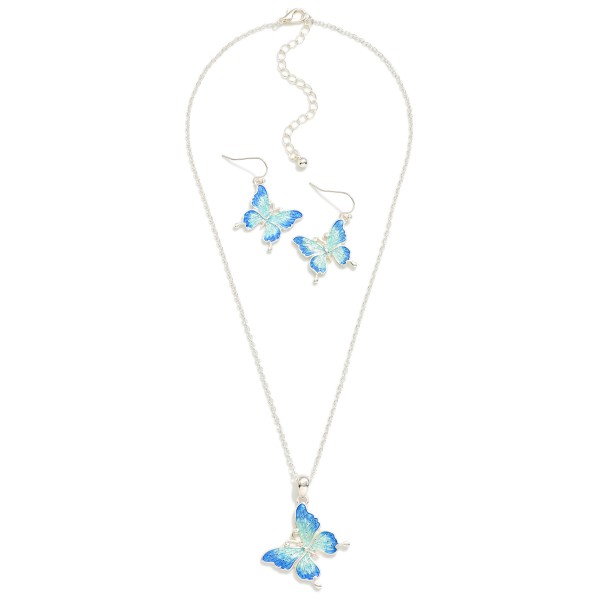 Chain Link Necklace Featuring Painted Metal Butterfly Pendant 

- Butterfly Drop Earrings Included 1.25" L
- Necklace Approximately 18" L
- Extender 3" L