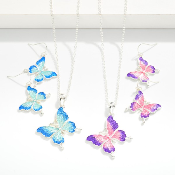 Chain Link Necklace Featuring Painted Metal Butterfly Pendant 

- Butterfly Drop Earrings Included 1.25" L
- Necklace Approximately 18" L
- Extender 3" L