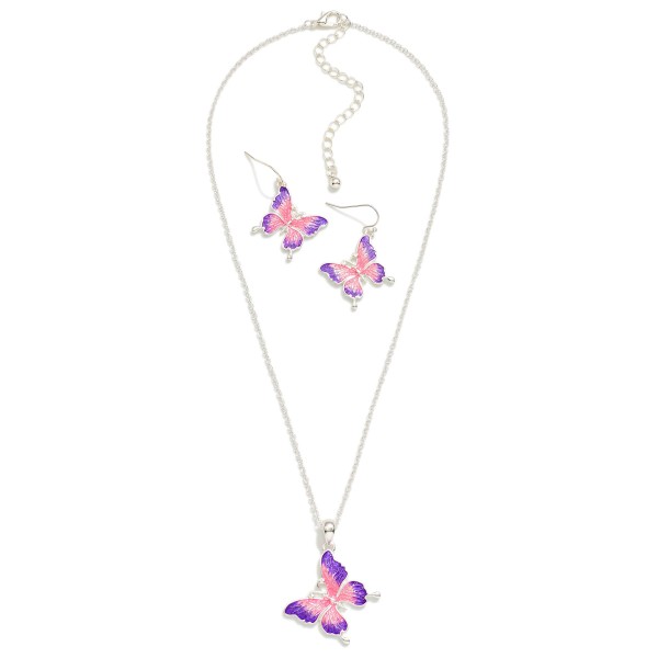 Chain Link Necklace Featuring Painted Metal Butterfly Pendant 

- Butterfly Drop Earrings Included 1.25" L
- Necklace Approximately 18" L
- Extender 3" L