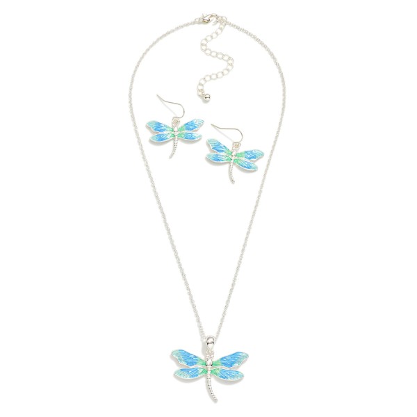 Chain Link Necklace Featuring Acetate & Metal Dragonfly Pendant 

- Dragonfly Drop Earrings Included 
- Approximately 18" L
- Extender 3" L