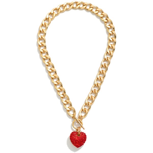 Chain Link Necklace Featuring Pave Rhinestone Heart Pendant 

- Approximately 14" L
