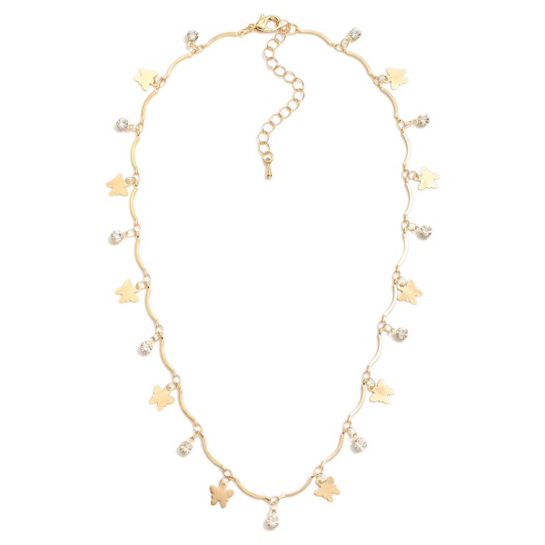 Chain Link Necklace Featuring Metal Tone Butterfly & Rhinestone Charms 

- Approximately 14" L
- Extender 3" L