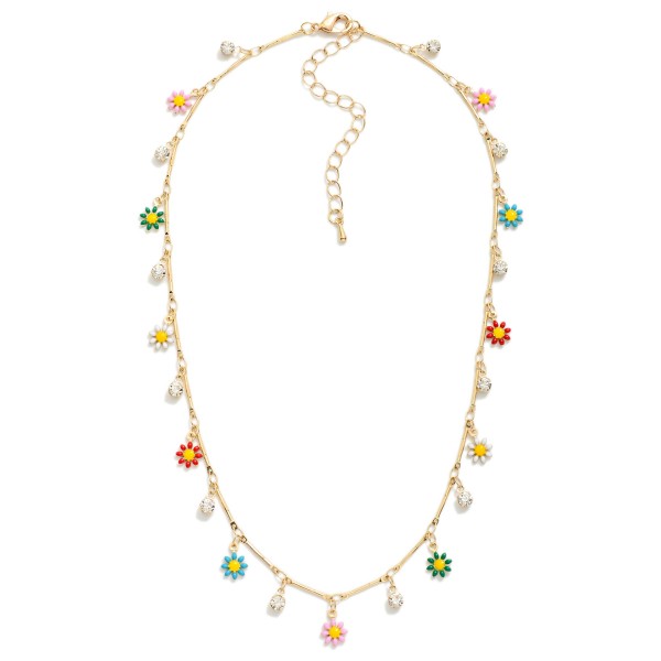 Chain Link Necklace Featuring Flower & Rhinestone Charms 

- Approximately 14" L
- Extender 3" L