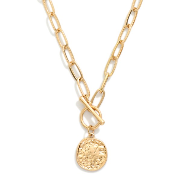 Paperclip Chain Link Necklace Featuring Toggle Clasp & Gold Tone Medallion Pendant 

- Approximately 16" L