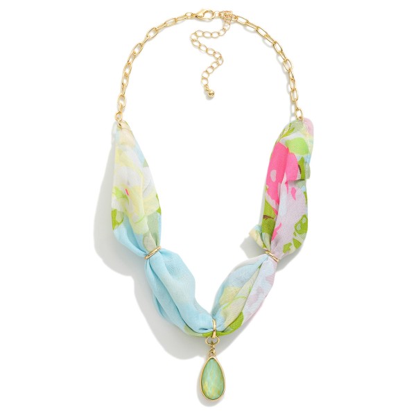 Floral Scarf & Chain Link Necklace Featuring Glass Crystal Teardrop Pendant 

- Approximately 14" L
- Extender 3" L